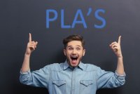 Young Man pointing up to the phrase "PLA's"